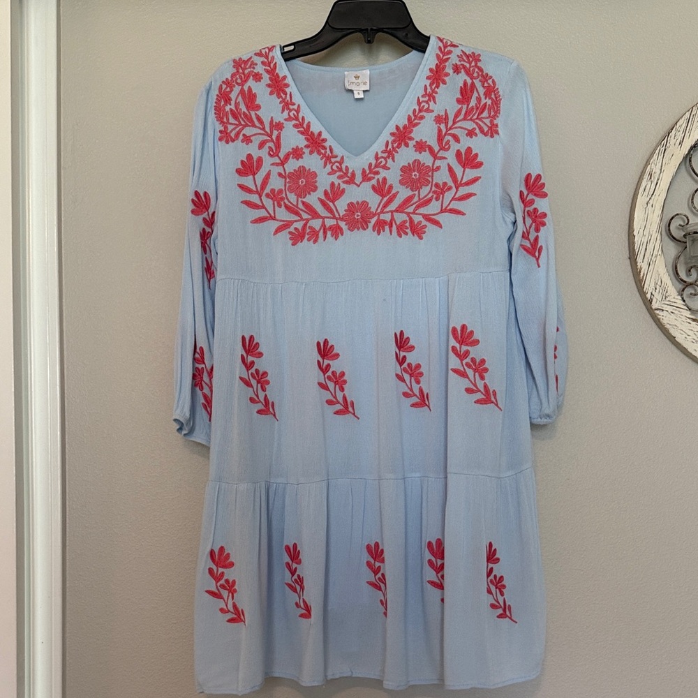 Floral Embroidered Long Sleeve Dress in Blue and Red